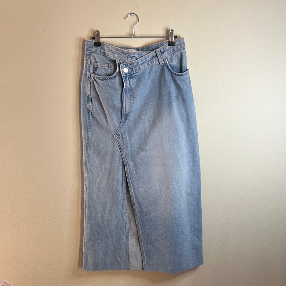 Zara Light Blue Denim Midi Skirt
